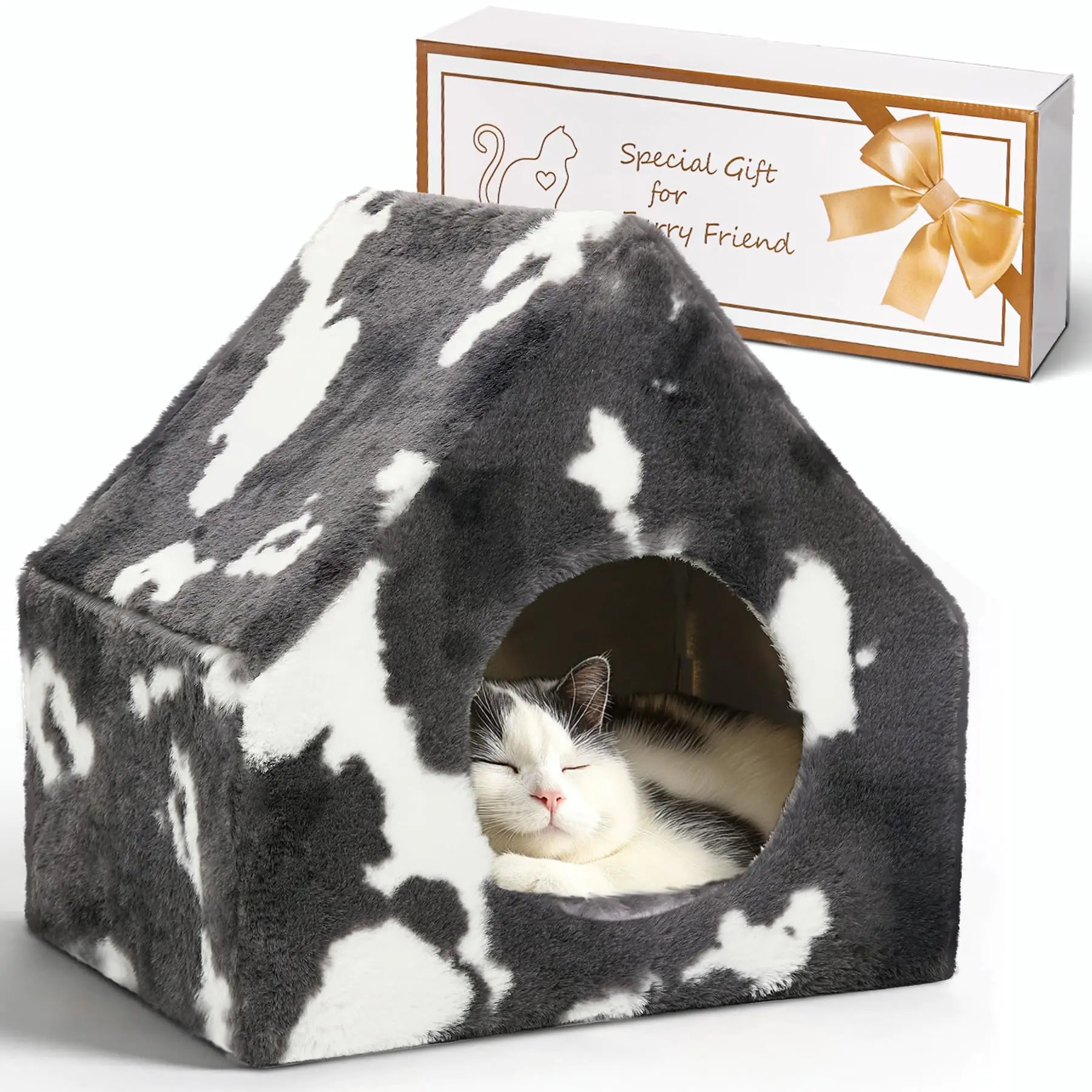 ComSaf Cat Bed Cave House - Winter Pet House with Fluffy Covered Cat Beds for Indoor Cats Detachable Washable Plush Cat Hideaway Cat Hut for Kitten Rabbit Sturdy Cat Beds & Furniture Cat Gifts Grey