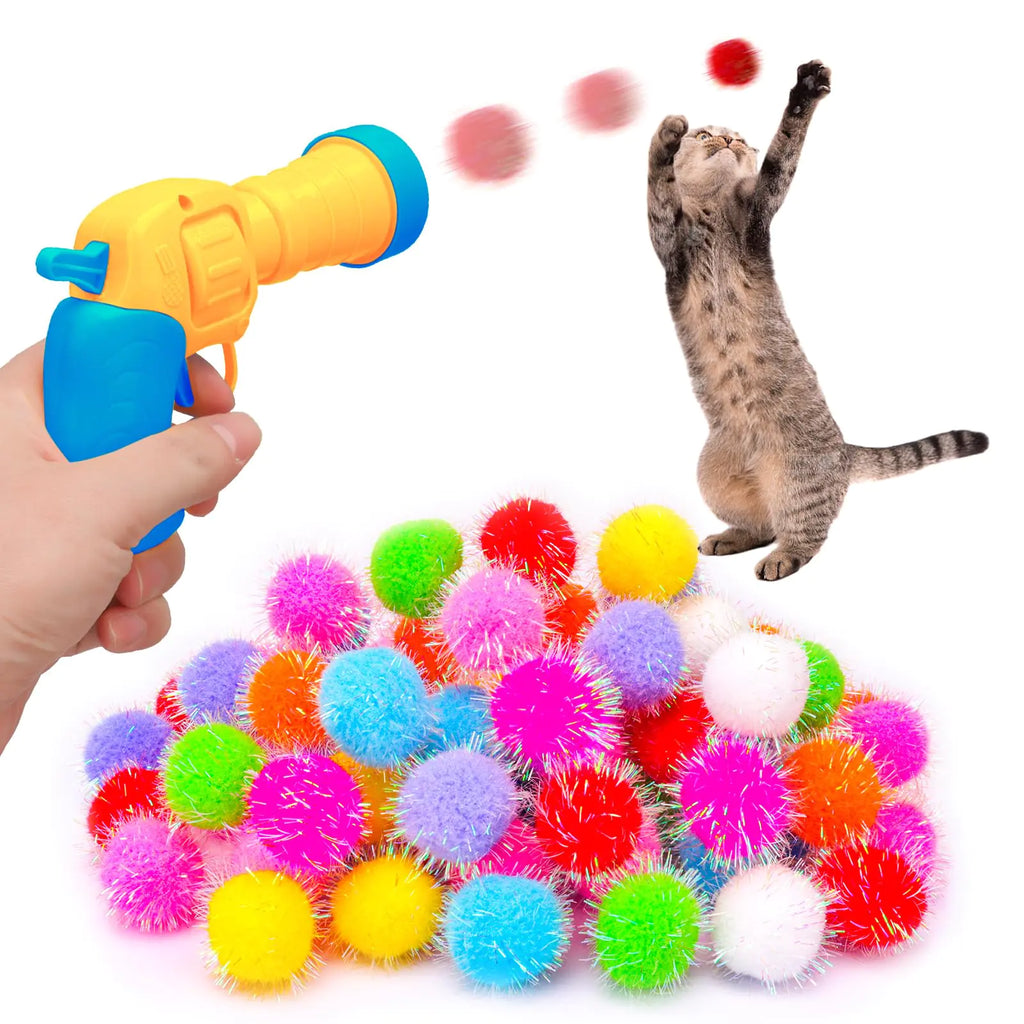 BooTaa Pet Toys Interactive Cat Toy Set 80pcs Glitter Pom-Poms Cat Ball Toy with 1 Launcher Safe Soft Cat Toy Balls for Fetch Training Playing