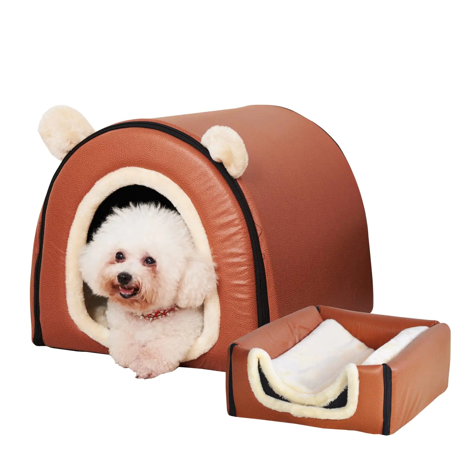 Dog Bed or Cat Bed2 Ways to UseIndoor Pet House with Fluffy MatRemovable and Washable CoverSplash-Proof House and Non-Slip Bottomfor Cats and Small Dogs(M Brown Faux Leather)