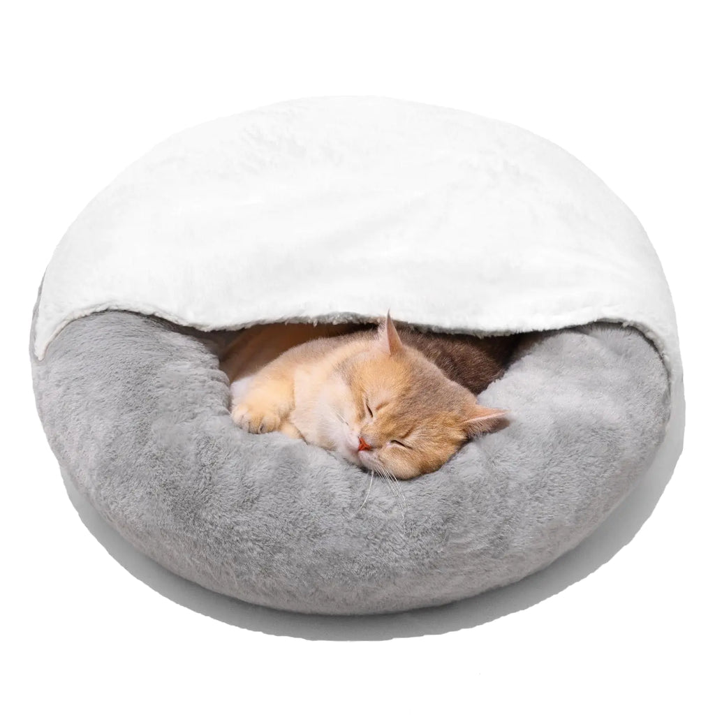 MEWOOFUN Cat Bed Cave-Cat Bed for Indoor Cats Cozy Small Dog Bed with Hooded Blanket Washable Round Dount Bed with Non-Slip Bottom Pet Beds for Kitty and Puppy(22"x22" Grey)
