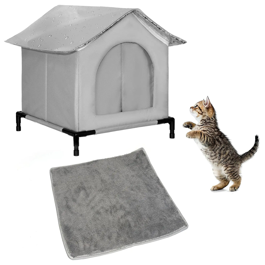 Outdoor Cat House Weatherproof Cube Cat Shelter Waterproof Elevated Kitty Pet House with Soft Pad Extra Roof Cover Feral Cat House for Outside Barn Porch (Unheated)