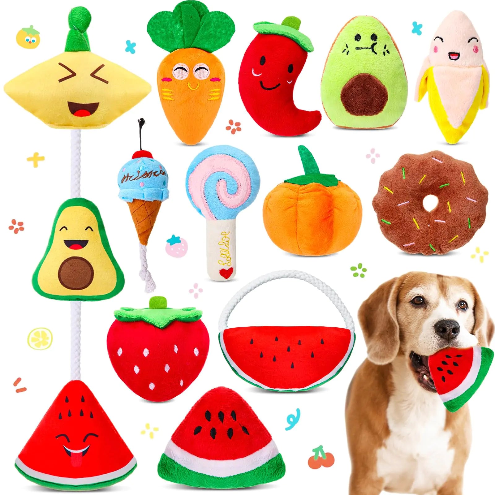SilTriangle 12 Pcs Dog Squeaky Toys Stuffed Carrot Dog Toy Dog Cute Stuffed Animal Puppy Toys Cute Chew Toys Pet Toys Dog Plush Toy for Dog Playing Training Teeth Cleaning (Fruit and Vegetable)